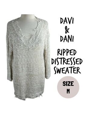 Davi & Dani y2k distressed frayed ripped v neck sweater cream oatmeal
